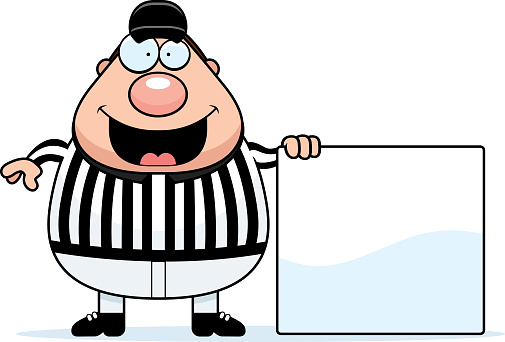 A cartoon illustration of a referee with a sign.
