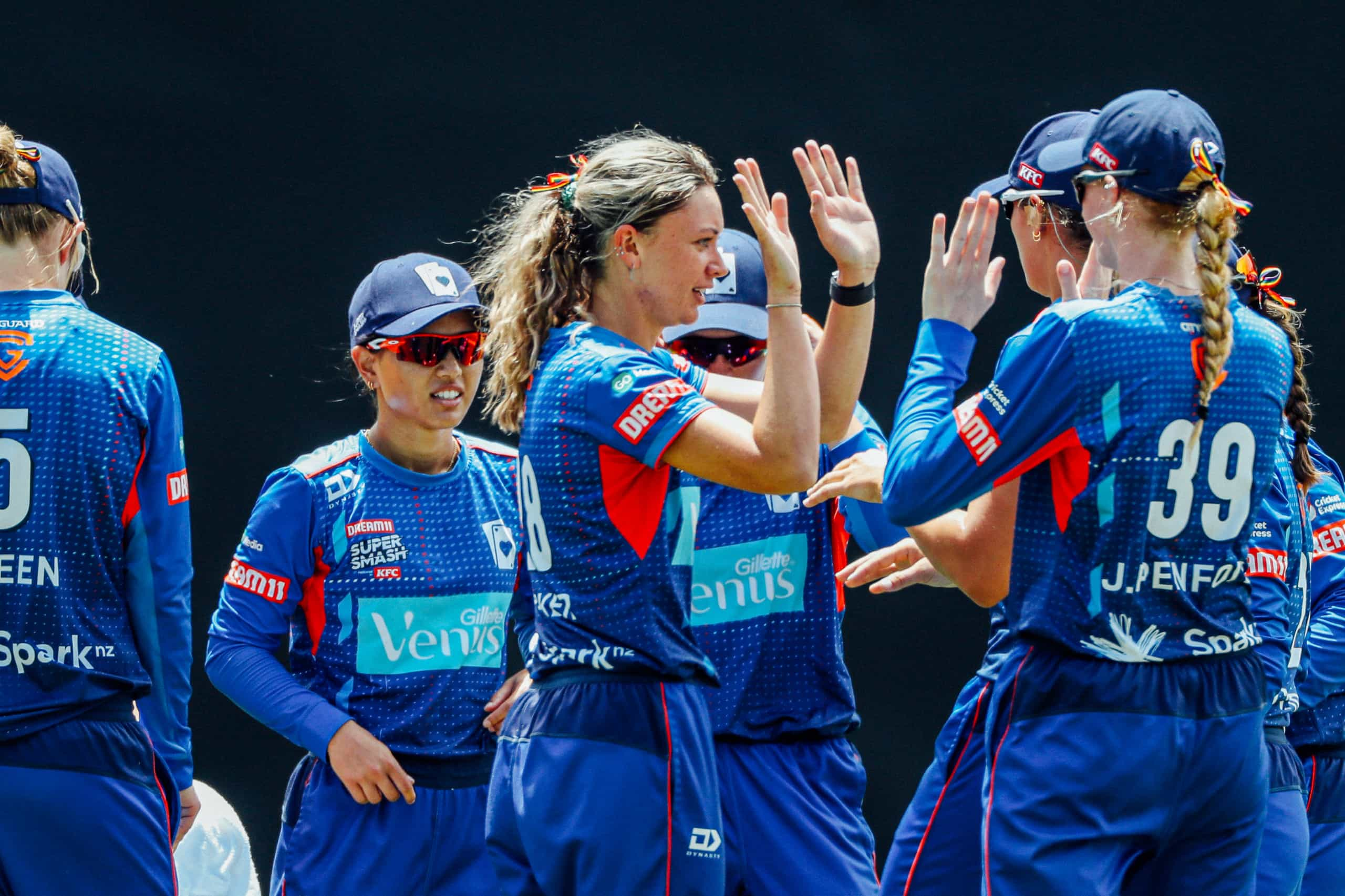 Hearts Amie Hucker gets a wicket. Dream11 Super Smash 2023/24, Hearts v Brave, Eden Park, Auckland, Saturday 20th January 2024. Photo: Shane Wenzlick / www.photosport.nz