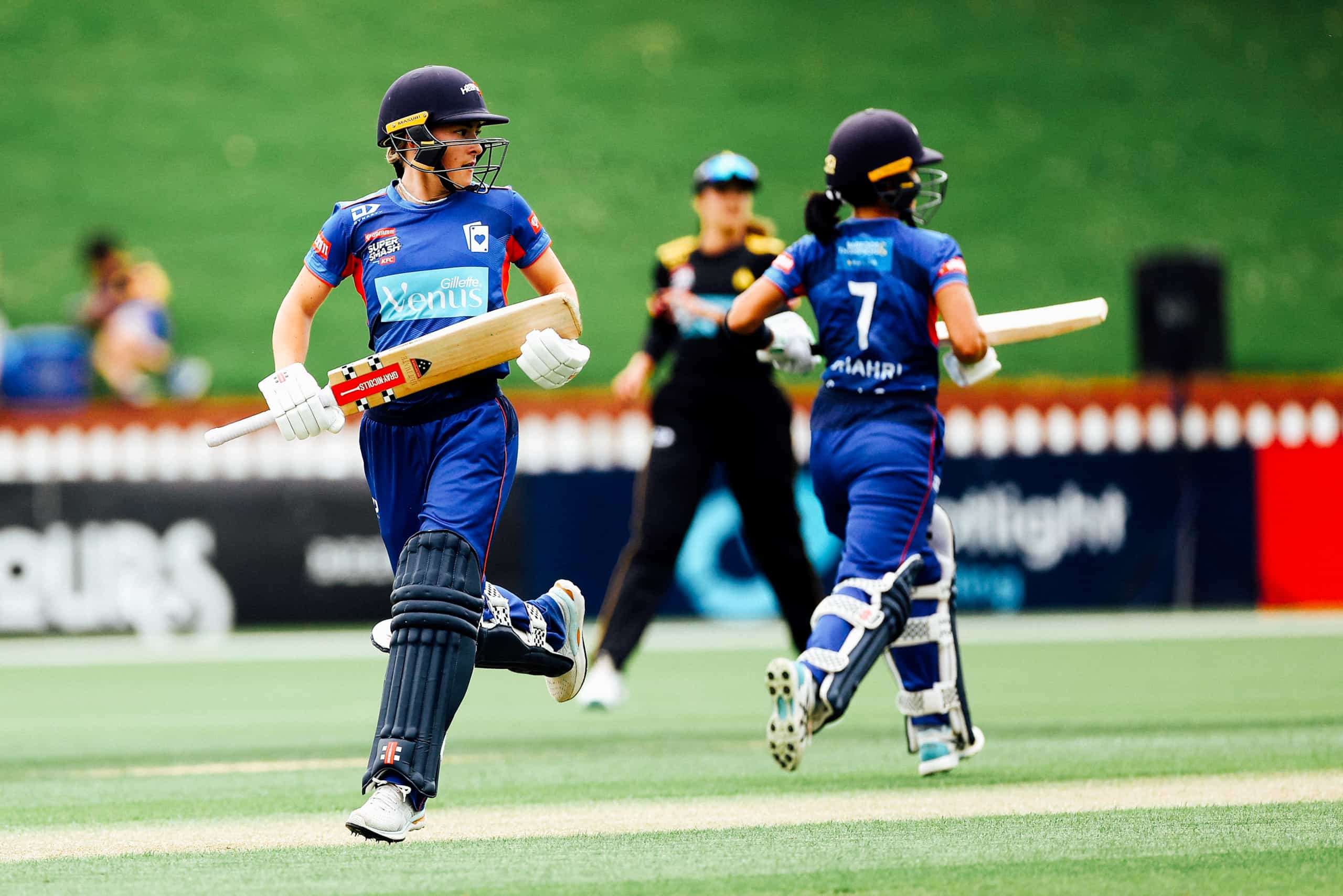 Hearts' Bella Armstrong (L) with Saachi Shahri (R during the Dream11 Super Smash - Wellington  Firebirds v Auckland Aces at Cello Basin Reserve, Wellington on the 23 January 2023. © Copyright image by Marty Melville / www.photosport.nz