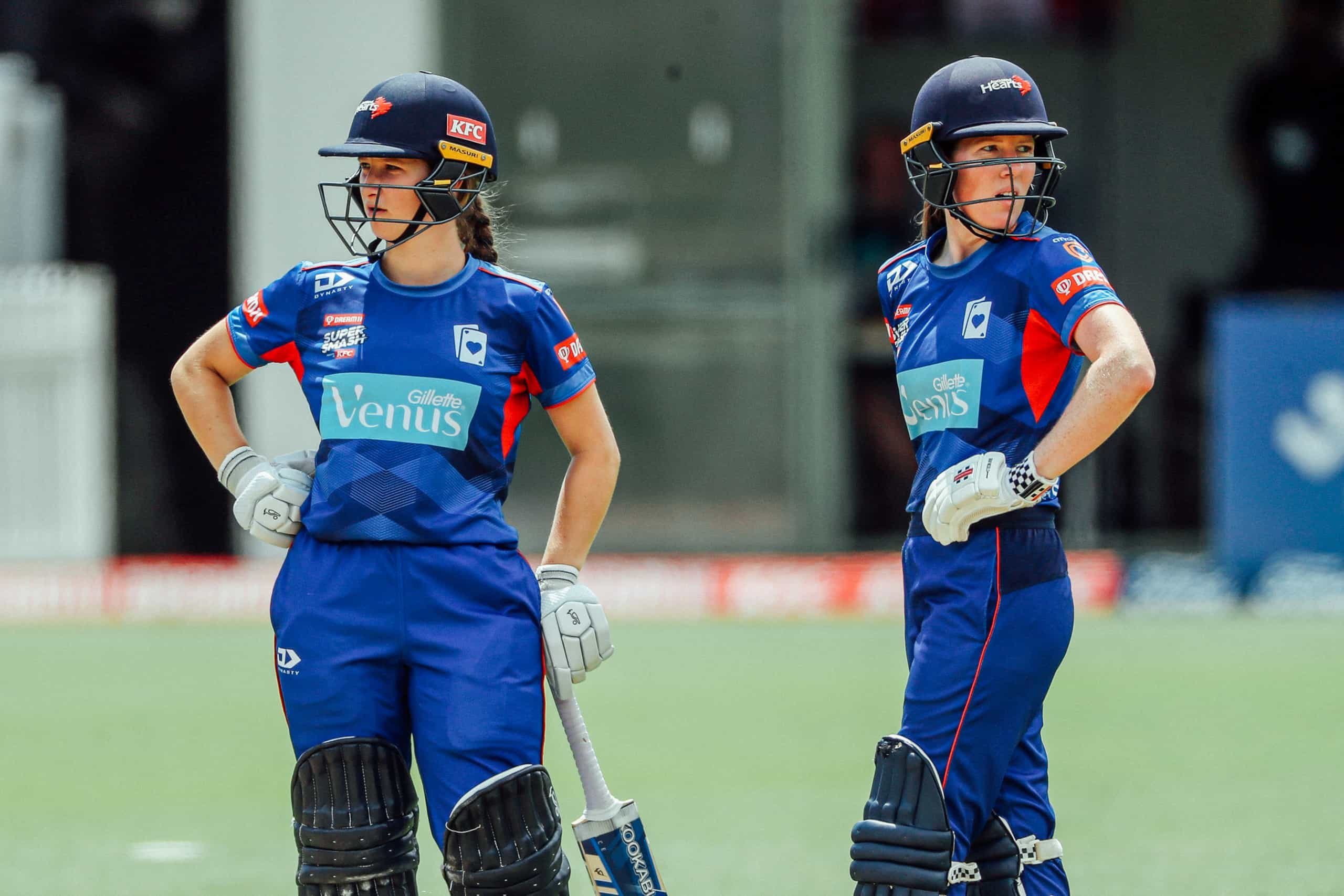 Hearts Prue Catton and Hearts Lauren Down. Dream11 Super Smash, Auckland Hearts v Central Hinds, Kennards Hire Community Oval, Auckland, Saturday 14th January 2023. Copyright Photo: Shane Wenzlick / www.photosport.nz