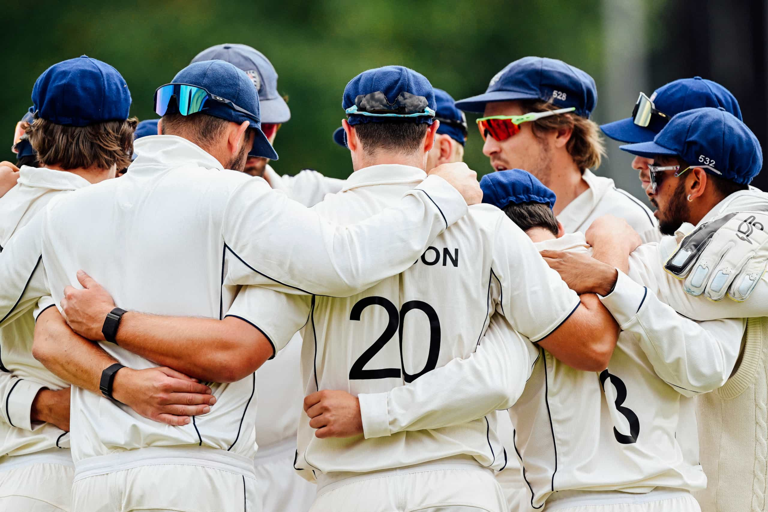 Aces team huddle during day 2 of the Auckland Aces v Wellington Firebirds Plunket Shield First Class Match (4 day) at Kennards Hire Community Oval, Auckland, New Zealand on Thursday 16 November 2023. Photo credit: Andrew Cornaga / www.photosport.nz