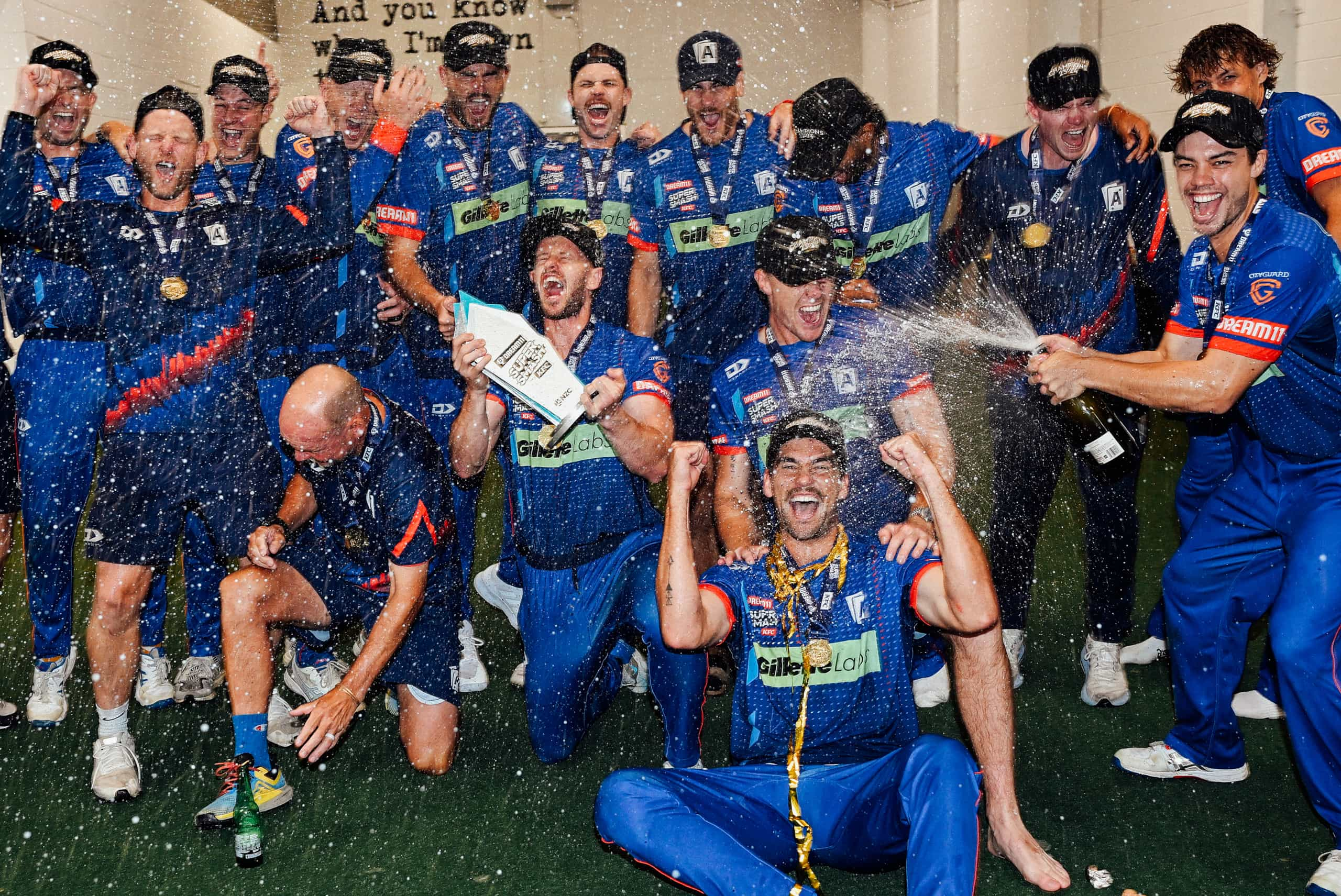 The Auckland Aces players celebrating winning the Mens Dream 11 Super Smash T20 Cricket Final at Eden Park, Auckland, New Zealand on Sunday 28 January 2024. Photo credit: Andrew Cornaga / Photosport