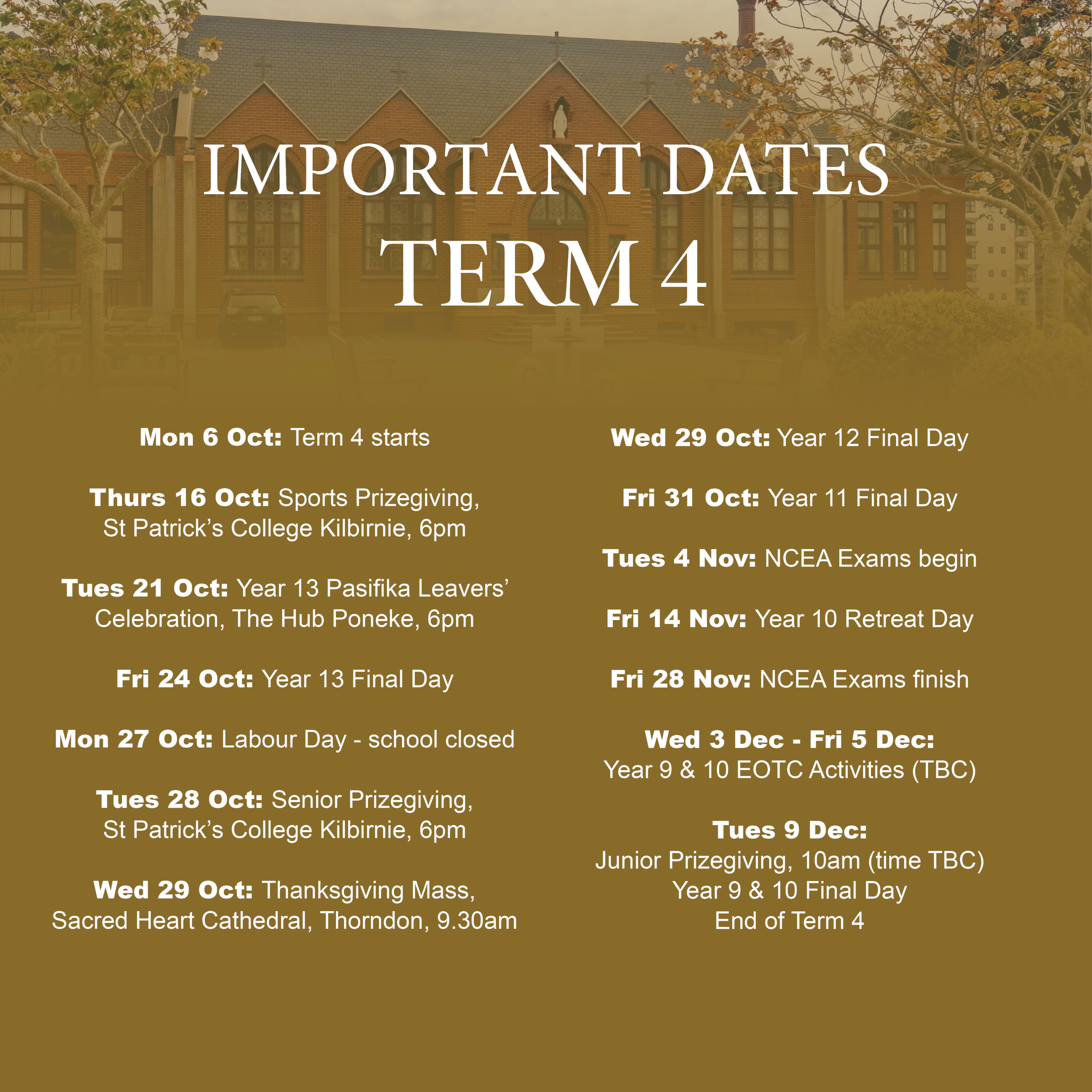 Important Dates - Term 4, 2025