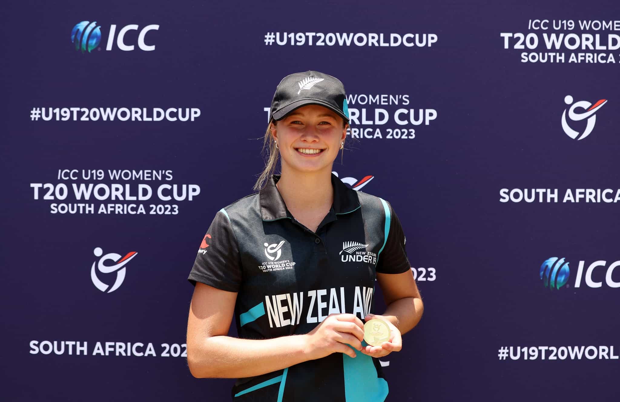 POTCHEFSTROOM, SOUTH AFRICA - JANUARY 21: Emma McLeod of New Zealand poses after being named Player of the Match following the ICC Women's U19 T20 World Cup 2023 Super 6 match between Rwanda and New Zealand at North-West University Oval on January 21, 2023 in Potchefstroom, South Africa. (Photo by Nathan Stirk-ICC/ICC via Getty Images)