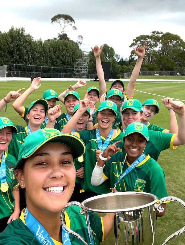 Central Districts players celebrate with the trophy after winning the Gillette Venus Women’s Under-19 National Tournament, Lincoln, Christchurch, New Zealand, Wednesday 12 January 2022. Photo: Martin Hunter/Photosport