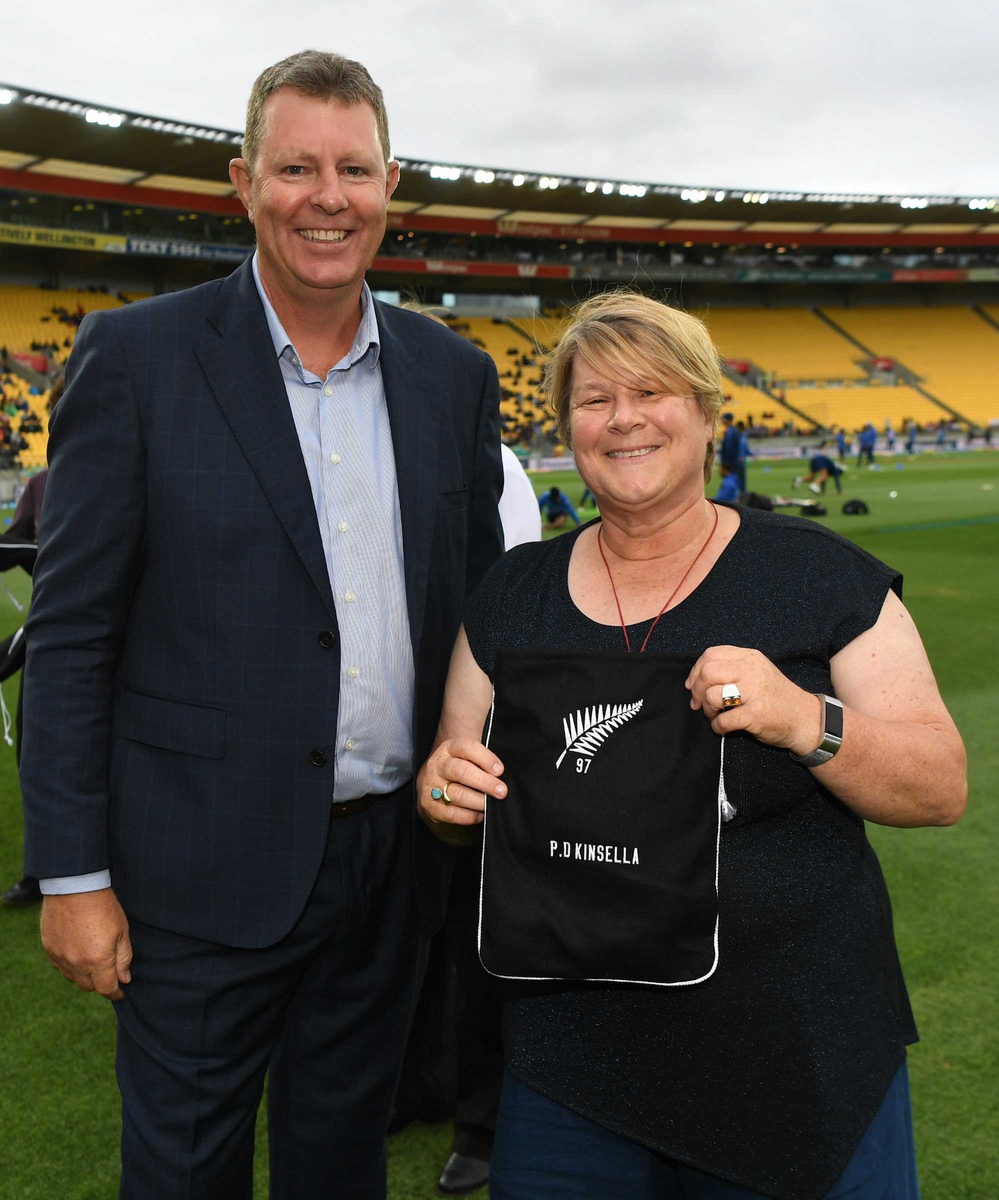 NZC Chairman Greg Barclay with Penny Kinsella.
White Ferns capping ceremony. New Zealand White Ferns v India. Women's Twenty20 International cricket. 1st T20, Westpac Stadium, Wellingotn, New Zealand. Wednesday 6 February 2019. © Copyright photo: Andrew Cornaga / www.photosport.nz