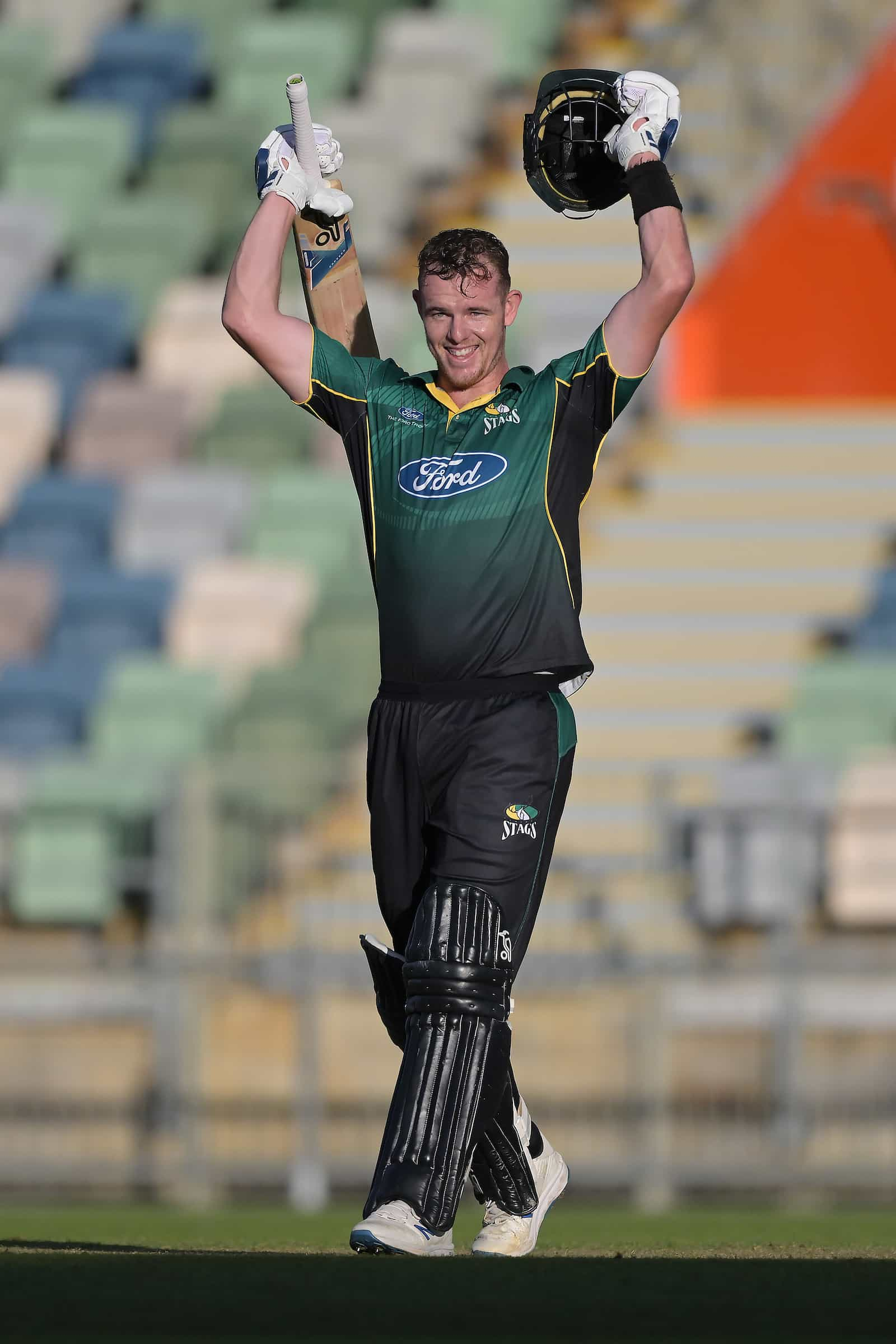 Central Districts Josh Clarkson celebrates scoring 100 runs. Ford Trophy Final, Central Stags v Canterbury, McLean Park, Napier,
New Zealand. 28 March 2023.
© Mandatory credit: Kerry Marshall / www.photosport.nz