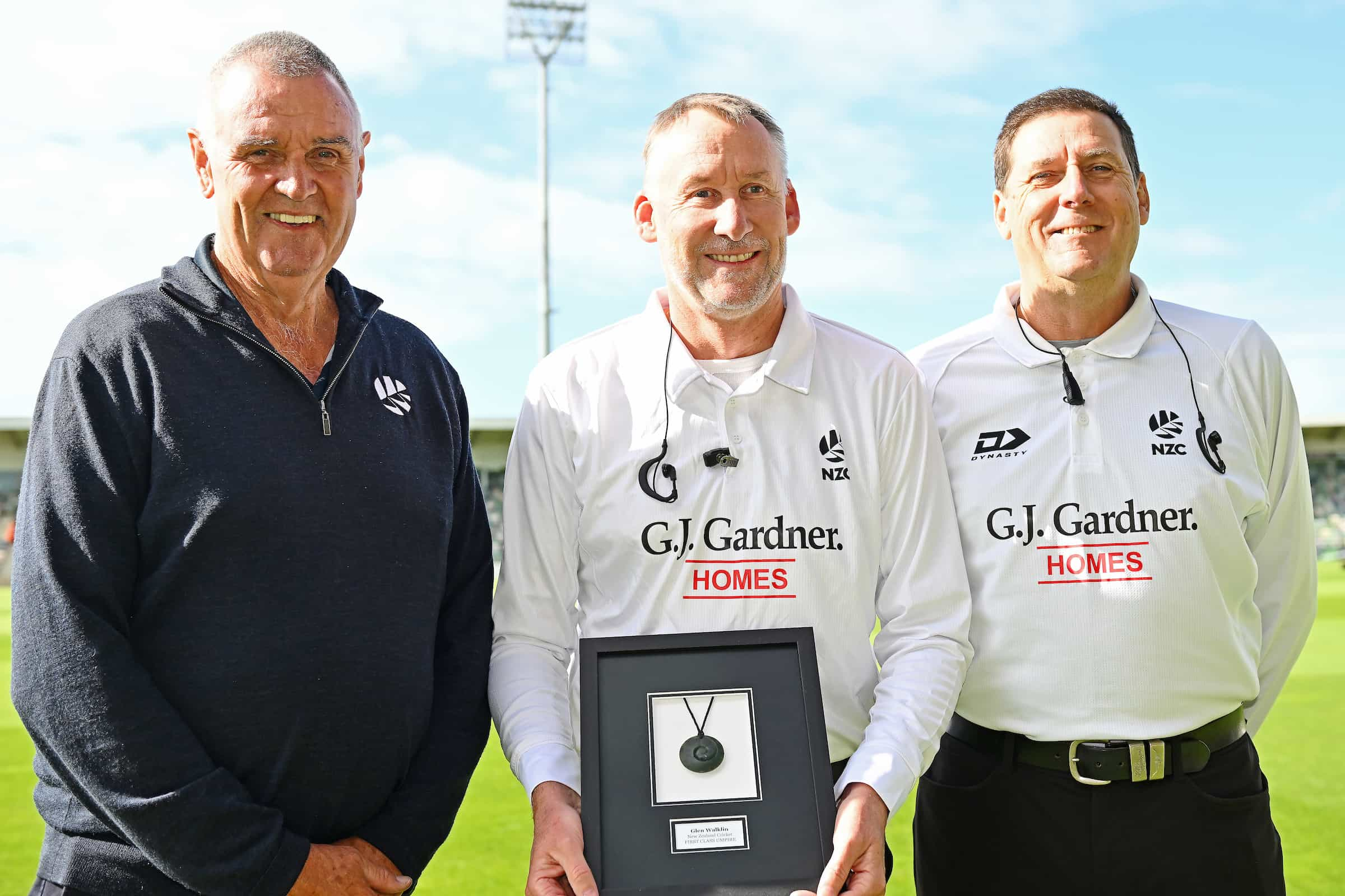 NZ Crickets Gary Troup with match umpires Glen Walklin and John Dempsey, Plunket Shield - Central Stags v Auckland Aces, McLean Park, Napier. Saturday 15 March 2024.
© Mandatory credit: Kerry Marshall / www.photosport.nz