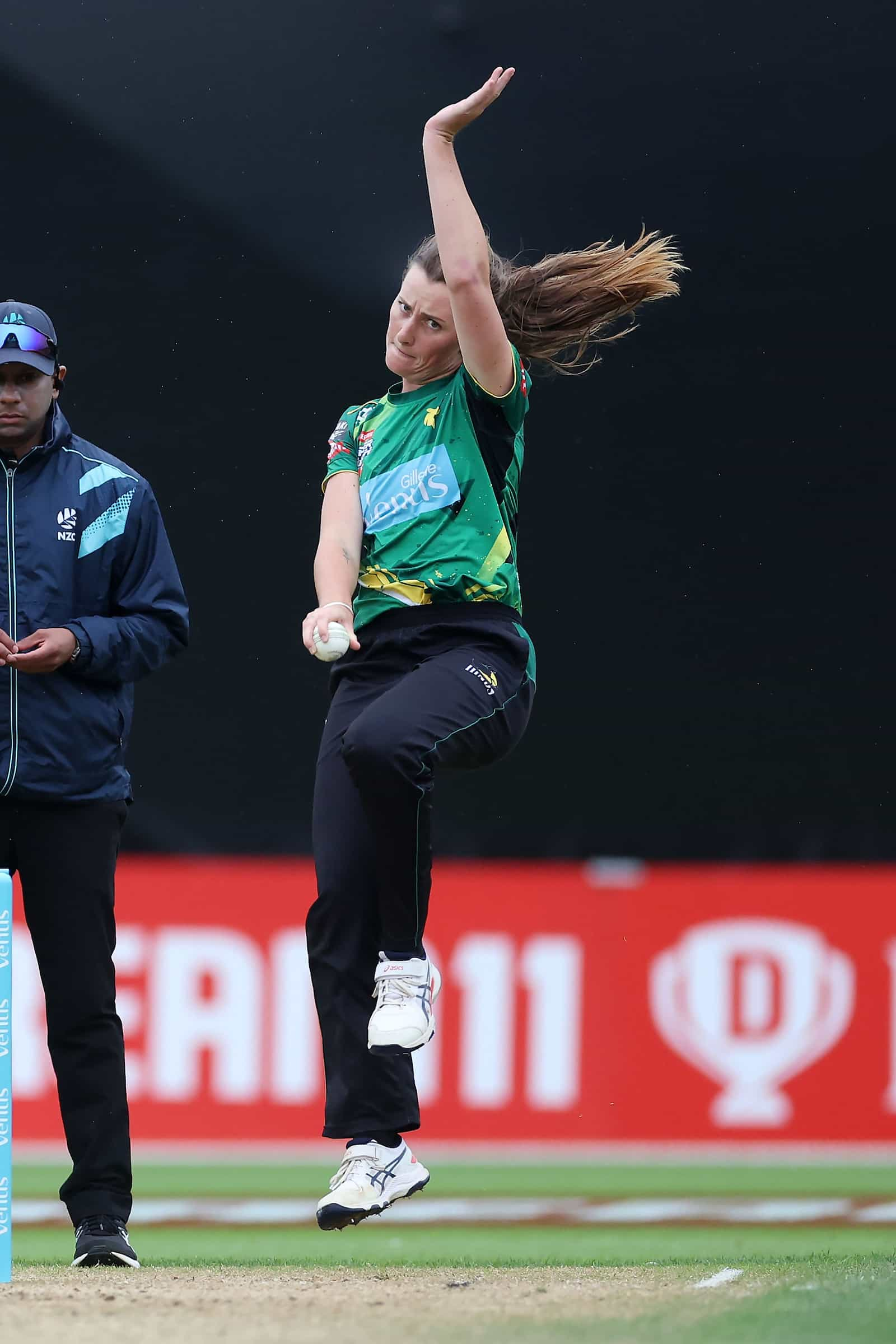 Hinds' Rosemary Mair bowls during SuperSmash 20/20 Women’s cricket match between the Wellington Blaze and Central Hinds at the Cello Basin Reserve on the 07 January 2023. © Copyright image by Marty Melville / www.photosport.nz