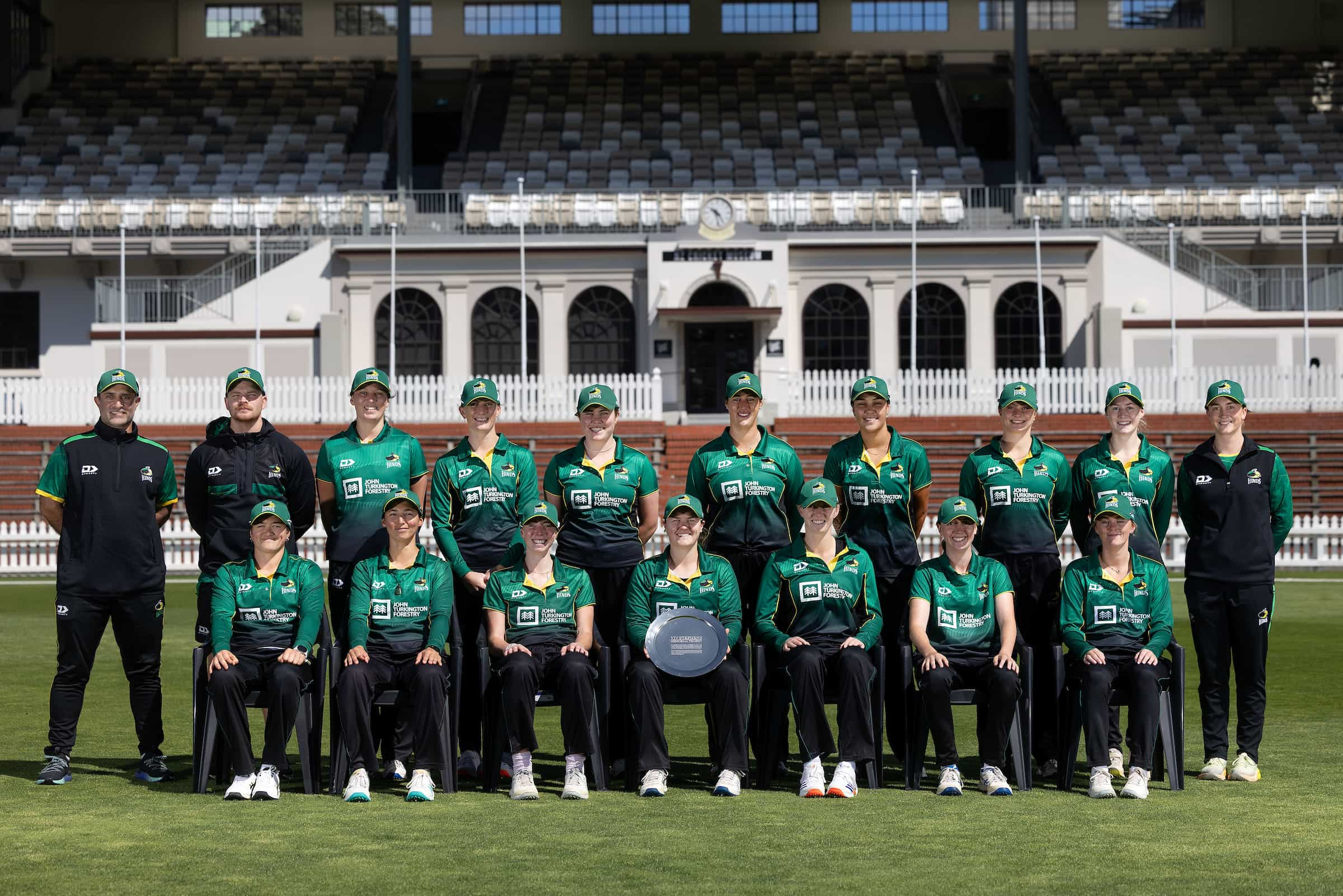 The Hinds team photo with the Viv Stephens Trophy during the Hallyburton Johnstone Shield - Wellington Blaze v Central Hinds at Cello Basin  Reserve, Wellington on the 17 November 2024. © Copyright image by Marty Melville / www.photosport.nz