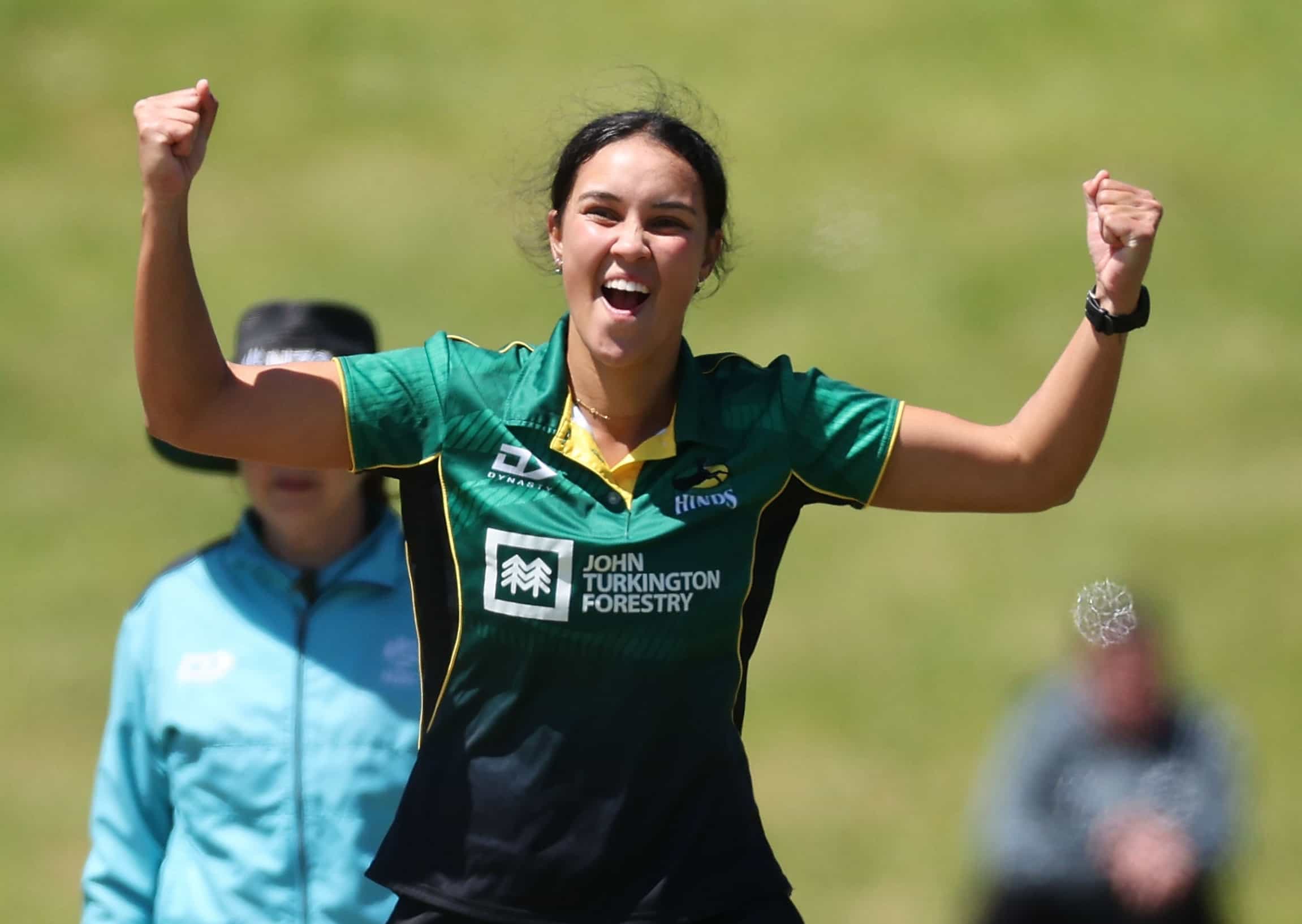 Hinds Ocean Bartlett celebrates bowling Blaze Jess Kerr during the Hallyburton Johnstone Shield - Wellington Blaze v Central Hinds at Cello Basin  Reserve, Wellington on the 17 November 2024. © Copyright image by Marty Melville / www.photosport.nz
