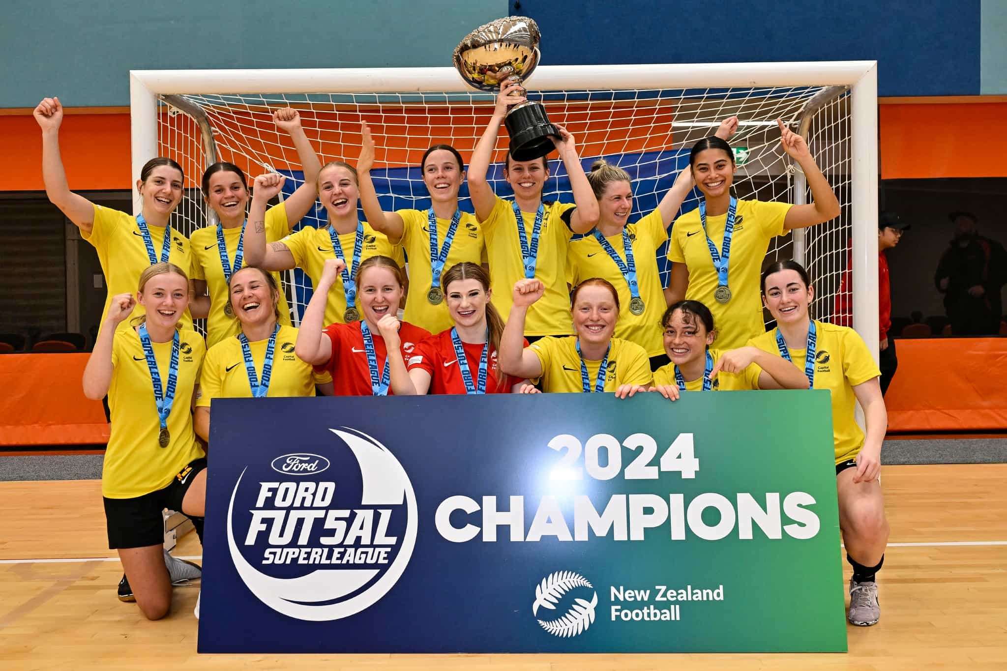 Capital Fustal players celebrate with the trophy after winning the Women’s Ford Futsal SuperLeague at Bruce Pulman Arena, Auckland, New Zealand on Monday 25 March 2024.
Photo credit: Alan Lee / www.photosport.nz