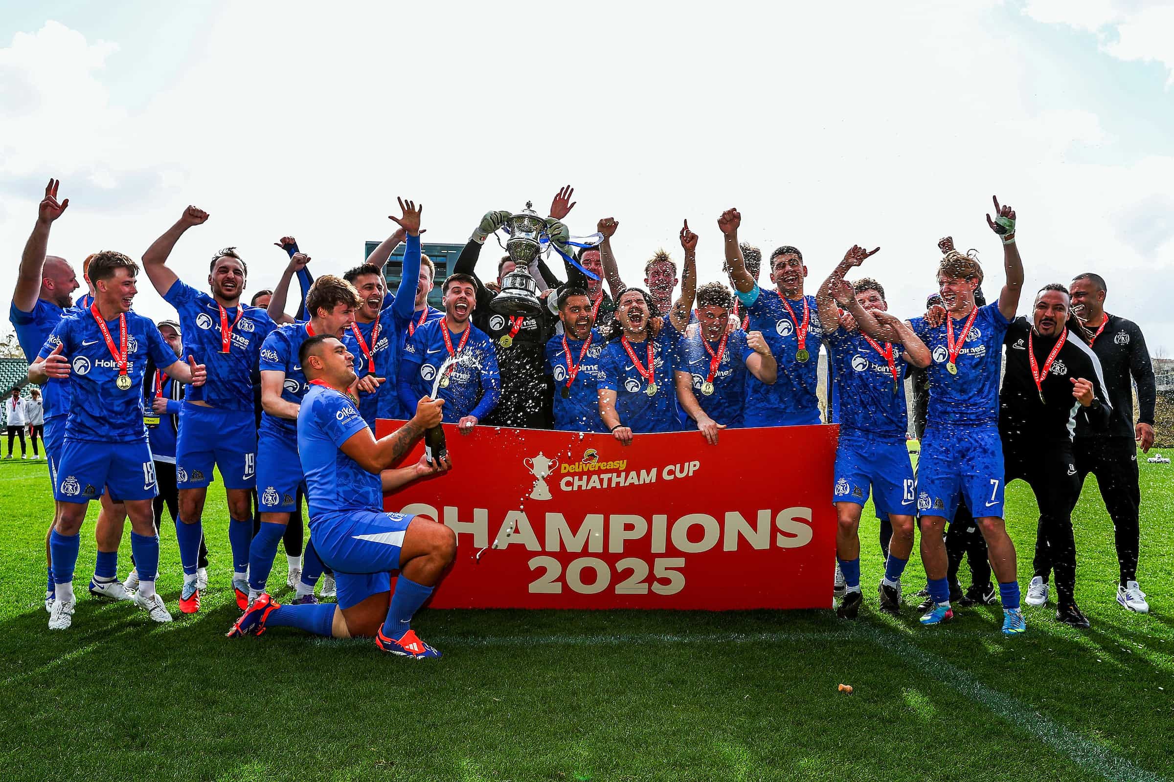 Wellington Olympic celebrating winning 2025 Delivereasy Chatham Cup