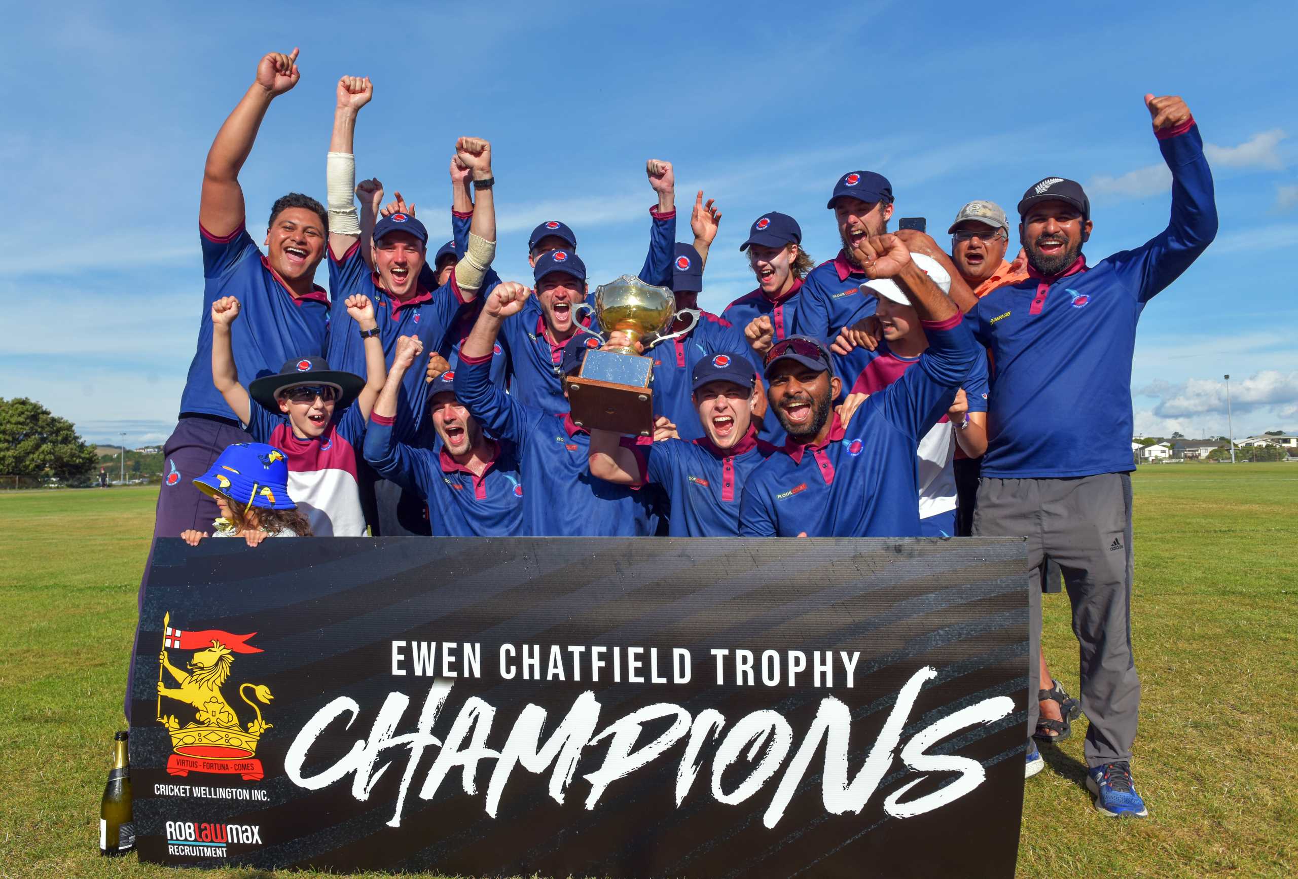 The Easts team celebrates winning the Ewen Chatfield Trophy Wellington men's premier one-day cricket final between Johnsonville and Eastern Suburbs at Alex Moore Park in Johnsonville, New Zealand on Monday, 24 January 2022. Photo: Dave Lintott / lintottphoto.co.nz