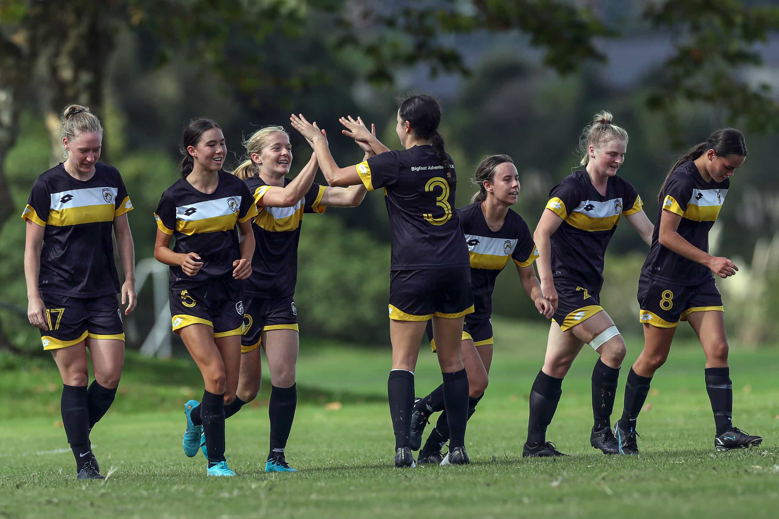 Rovers Mackenzie Longmuir celebrates her goal. Lotto NRFL Women Premier League, Eastern Suburbs v Northern Rovers, Riverhills Park Auckland, Sunday 3rd April 2022. Photo: Shane Wenzlick / www.phototek.nz