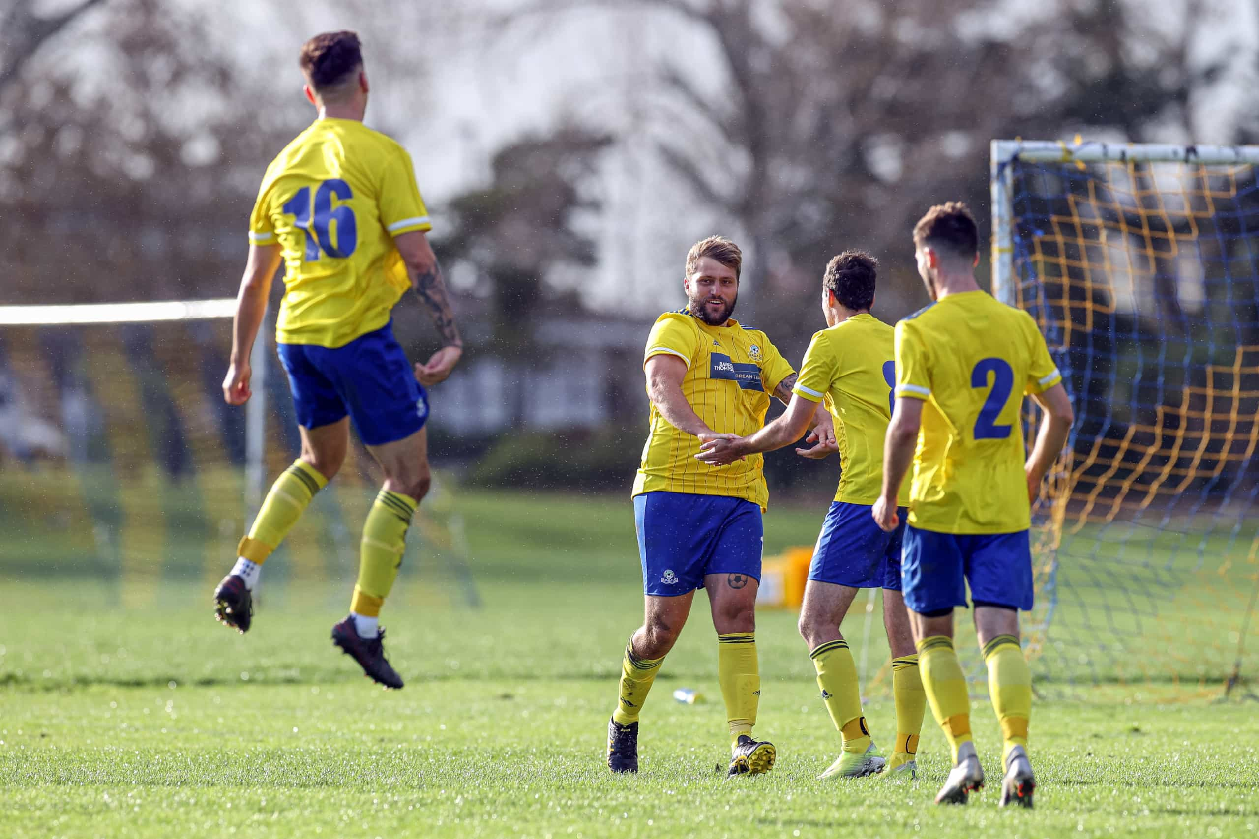 Bucklands Beach celebrate their 2nd goal. LOTTO NRFL Men Division 2 2022, Bucklands Beach v West Auckland, Lloyd Elsmore Park Auckland, Saturday 21st May 2022. Photo: Shane Wenzlick / www.phototek.nz