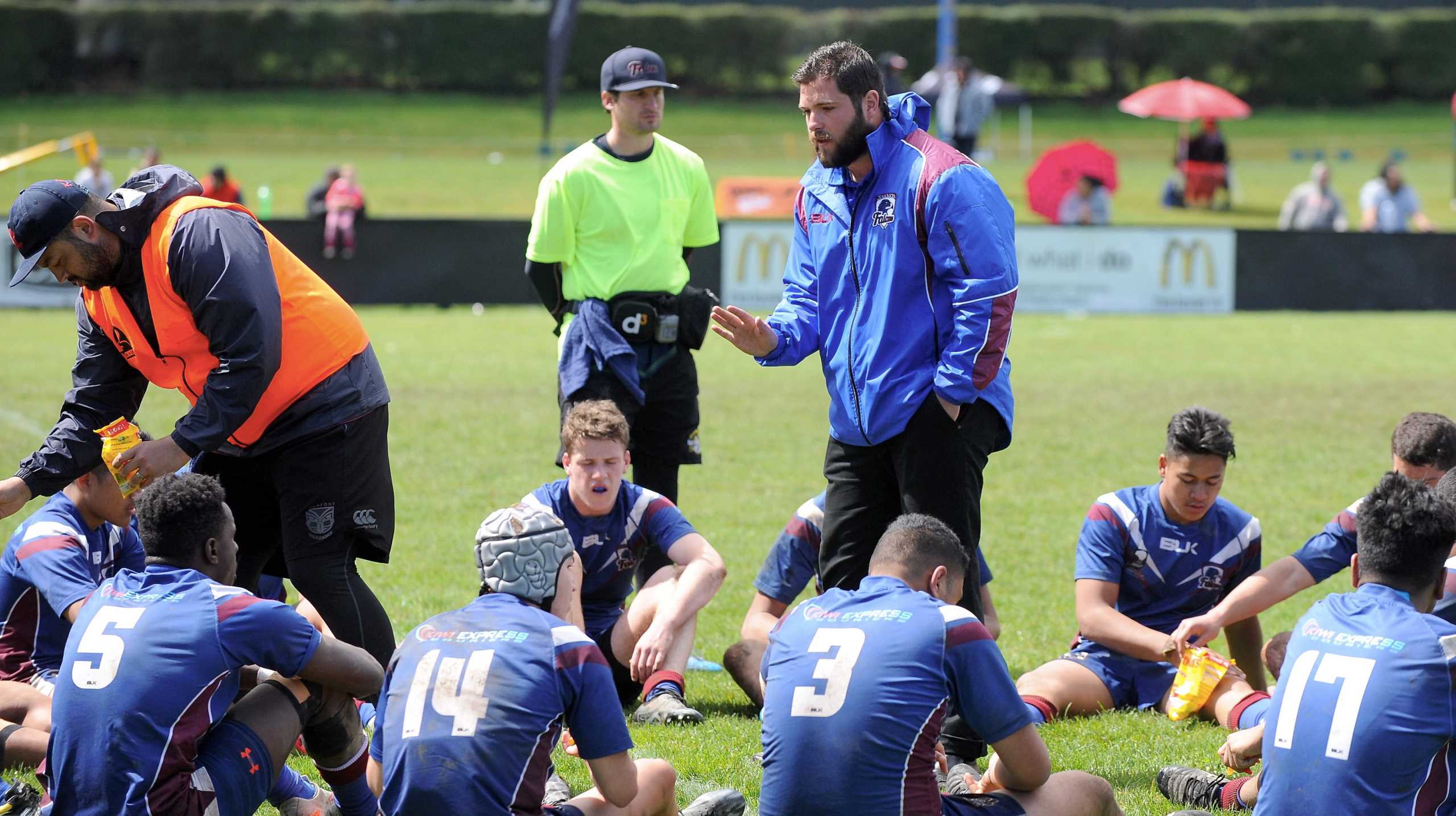 Akarana Falcons Coach Paul Clarke speaks to the team at half time in the NZRL National 15s Youth Tournament Nathan Cayless Cup Final, Akarana Falcons vs Counties Manakau, Puketawhero Park, Rotorua, Friday, October 02, 2015. Photo: Kerry Marshall / photosport.co.nz