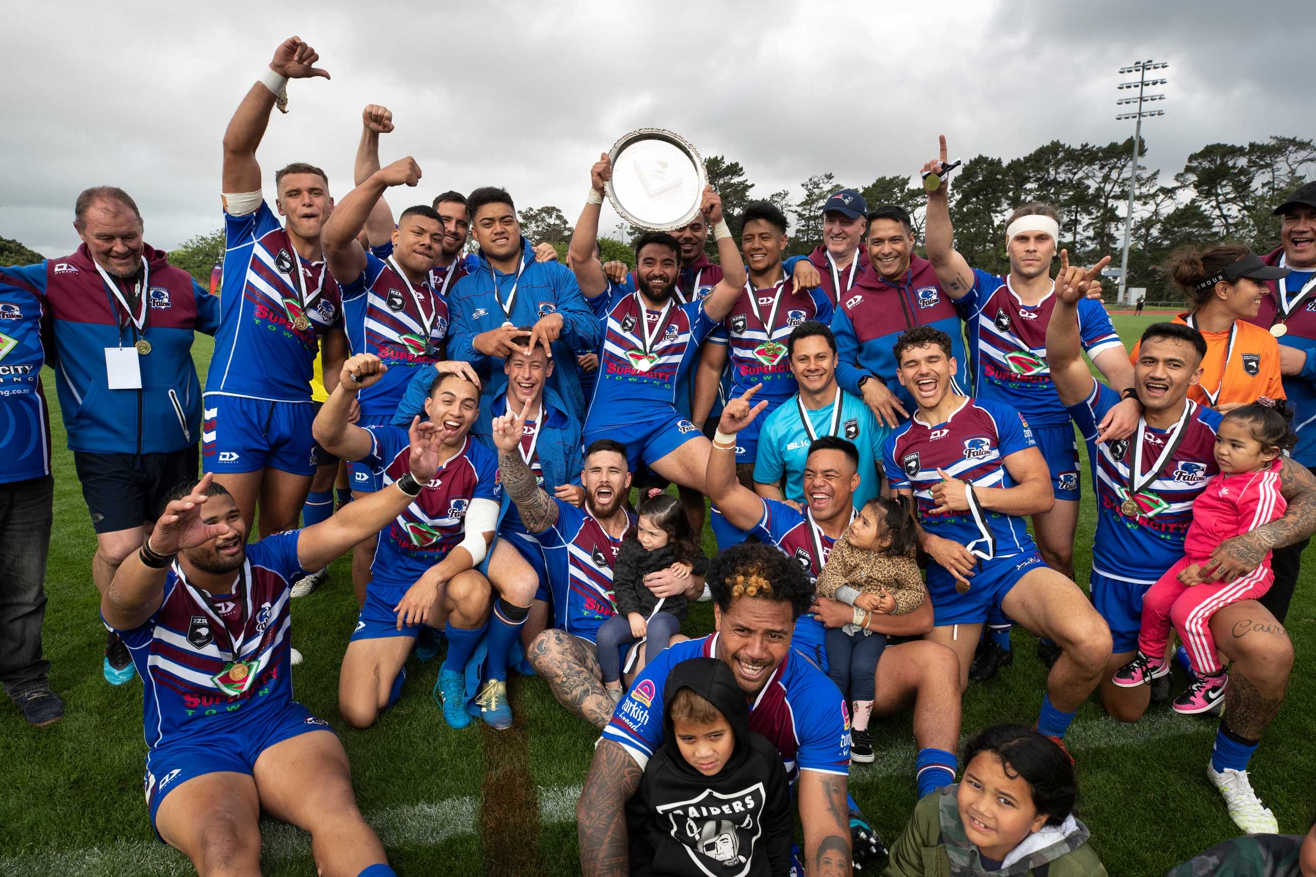 Akarana Falcons celebrate their win during the NZRL Premiership match between the Akarana Falcons and Counties Stingrays, NZRL Premiership Men's Final held at Trusts Stadium, Auckland, New Zealand.  31  October  2020       Photo: Brett Phibbs / www.photosport.nz
