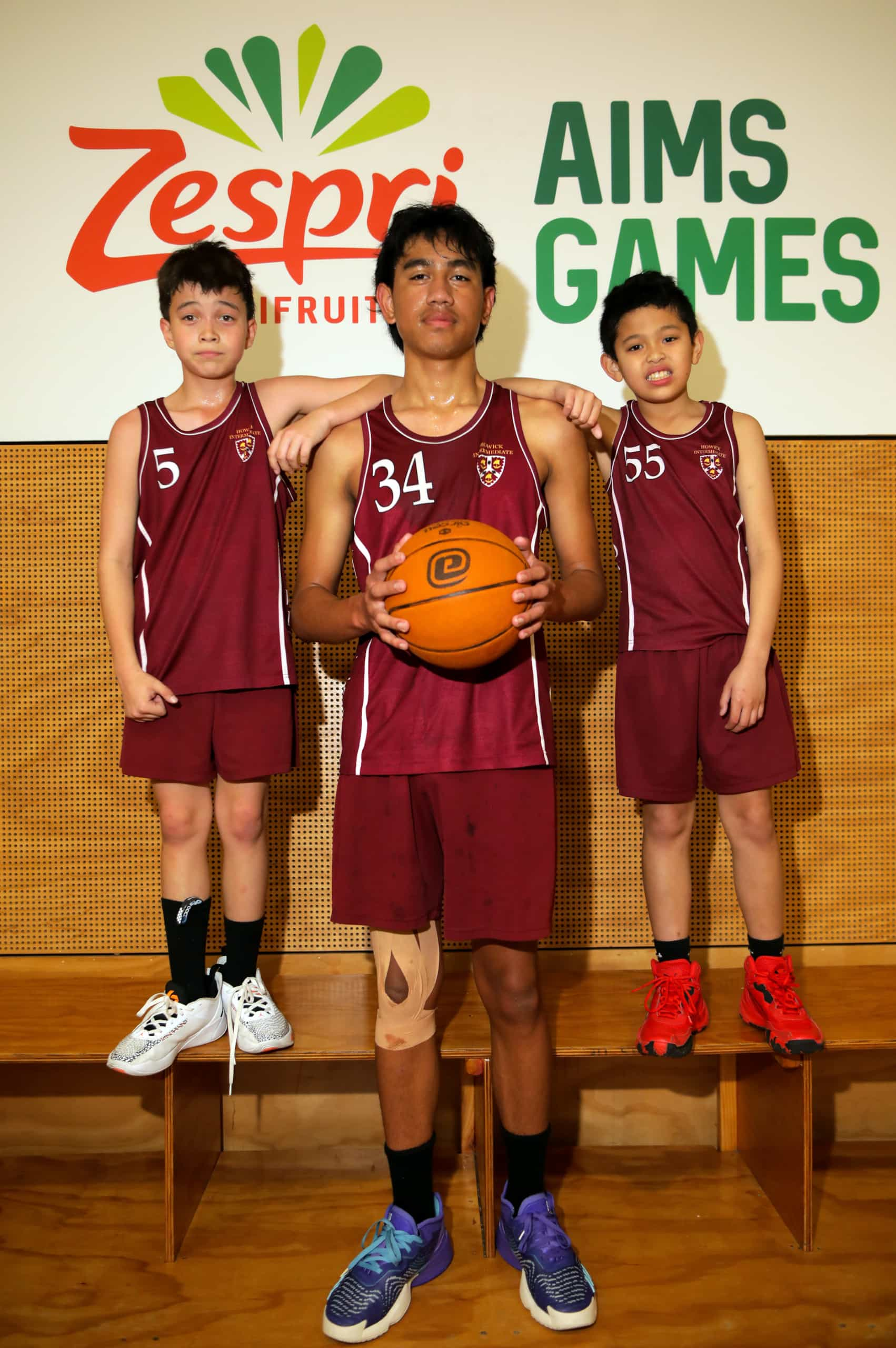 Leon Fisk, Zahkiel Bennett and Zack Lorin from Howick Intermediate Basketball team. Basketball. 2023 AIMS day four at Baypark Oval in Tauranga, New Zealand on Tuesday, 5 September 2022. Photo: Dave Lintott / lintottphoto.co.nz