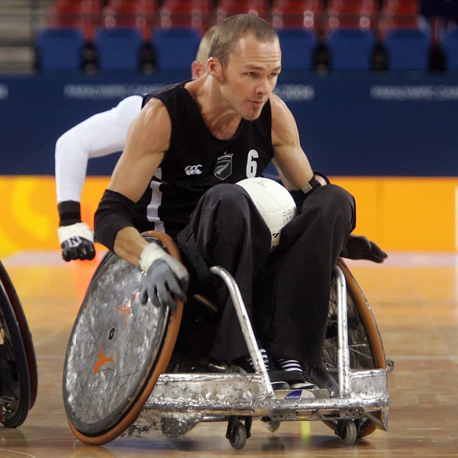 Gery Tinker during the Wheelchair Rugby match between USA and New Zealand at the Indoor Arena, Athens, Greece on Monday, 20 September, 2004. The Wheelblacks lost the match, 32 - 35.
PHOTO: Hannah Johnston/PHOTOSPORT