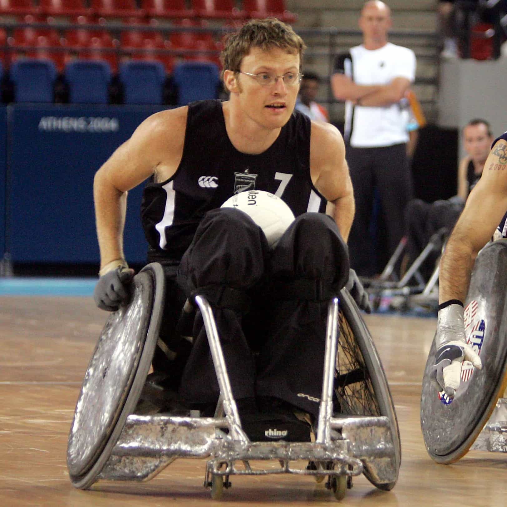 Tim Johnson during the Wheelchair Rugby match between USA and New Zealand at the Indoor Arena, Athens, Greece on Monday, 20 September, 2004. The Wheelblacks lost the match, 32 - 35.
PHOTO: Hannah Johnston/PHOTOSPORT