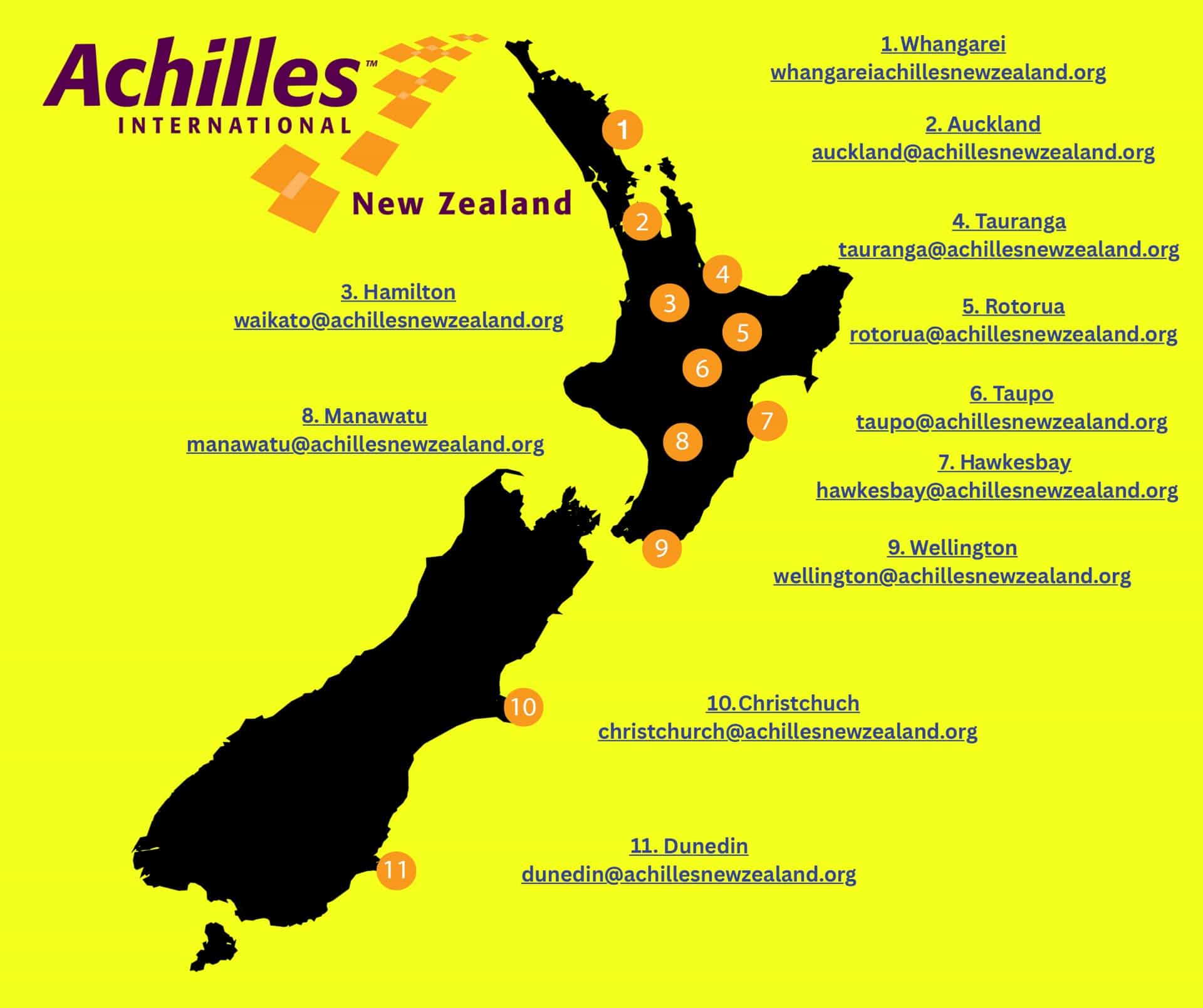 Map of NZ with the 11 Achilles Chapters and their email addresses