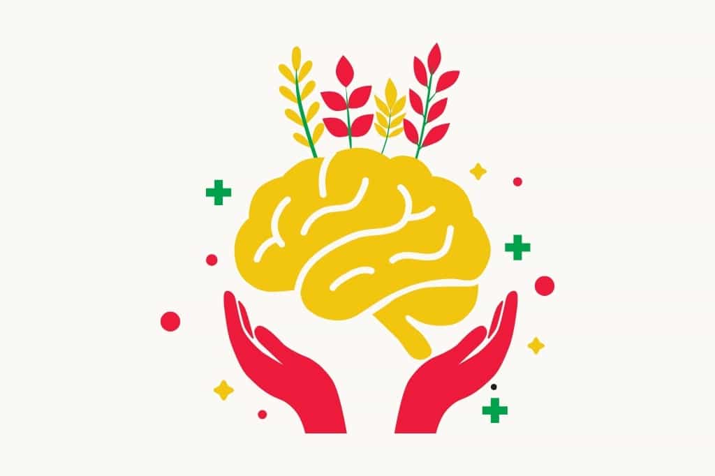 A yellow brain floating above a red pair of hands with yellow and red plant shoots growing from the top. 