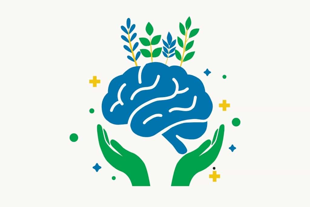 A blue brain floating above a green pair of hands with green and blue plant shoots growing from the top. 