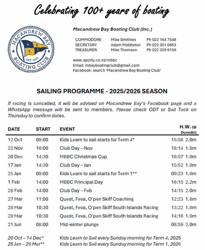 2025-26 Event programme for Macandrew Bay Boating Club