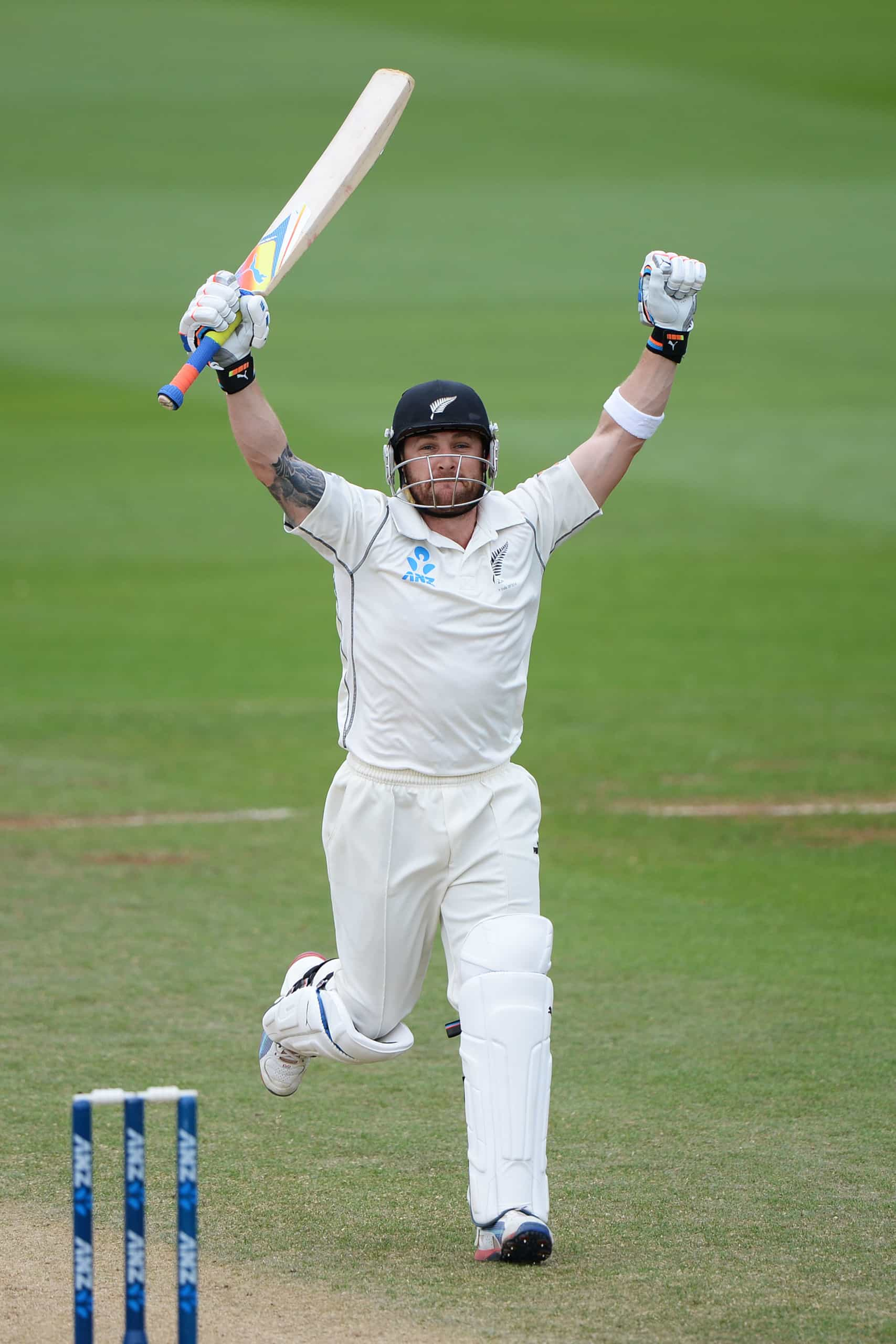 Brendon McCullum celebrates scoring a triple century, 300 runs on Day 5 of the 2nd cricket test match at The Hawkins Basin Reserve. Wellington. ANZ Test Series, New Zealand Black Caps v India. Tuesday 18 February 2014. Photo: Andrew Cornaga/www.Photosport.nz