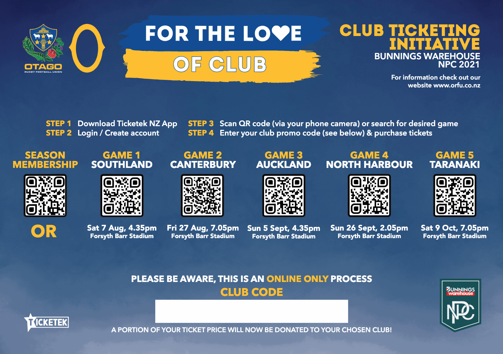 Otago NPC Games – For The Love Of The Club Initiative