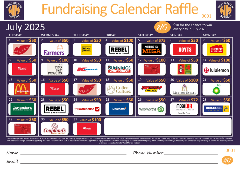 Netball Raffle Calendar Raffle Is Live - Must be Returned by June 27th