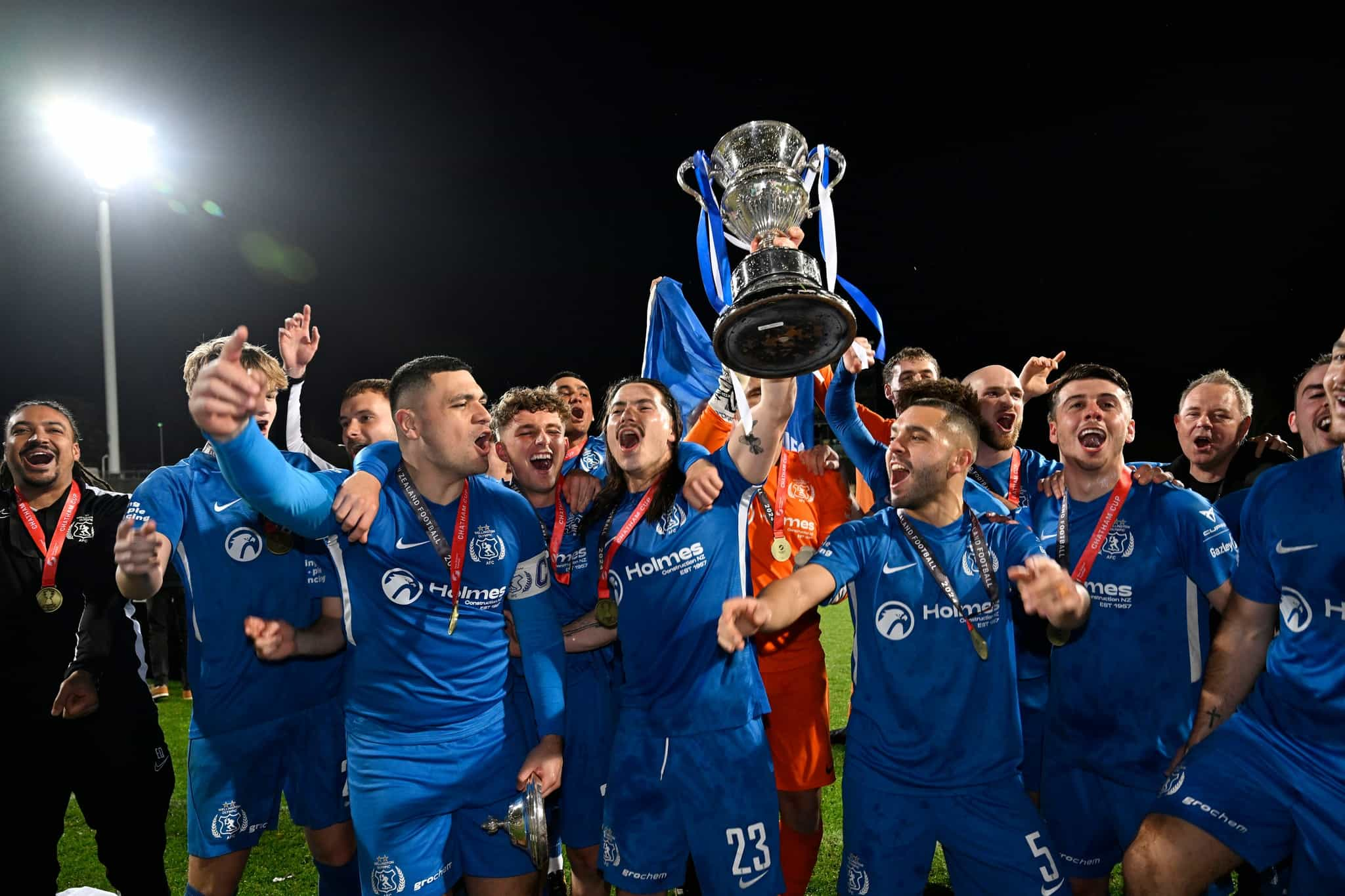 Wellington Olympic AFC celebrate victory. 
Wellington Olympic v Auckland City FC, Chatham Cup Final at North Harbour Stadium, Auckland, New Zealand on Saturday 7 September 2024. © Photo: Andrew Cornaga / Photosport