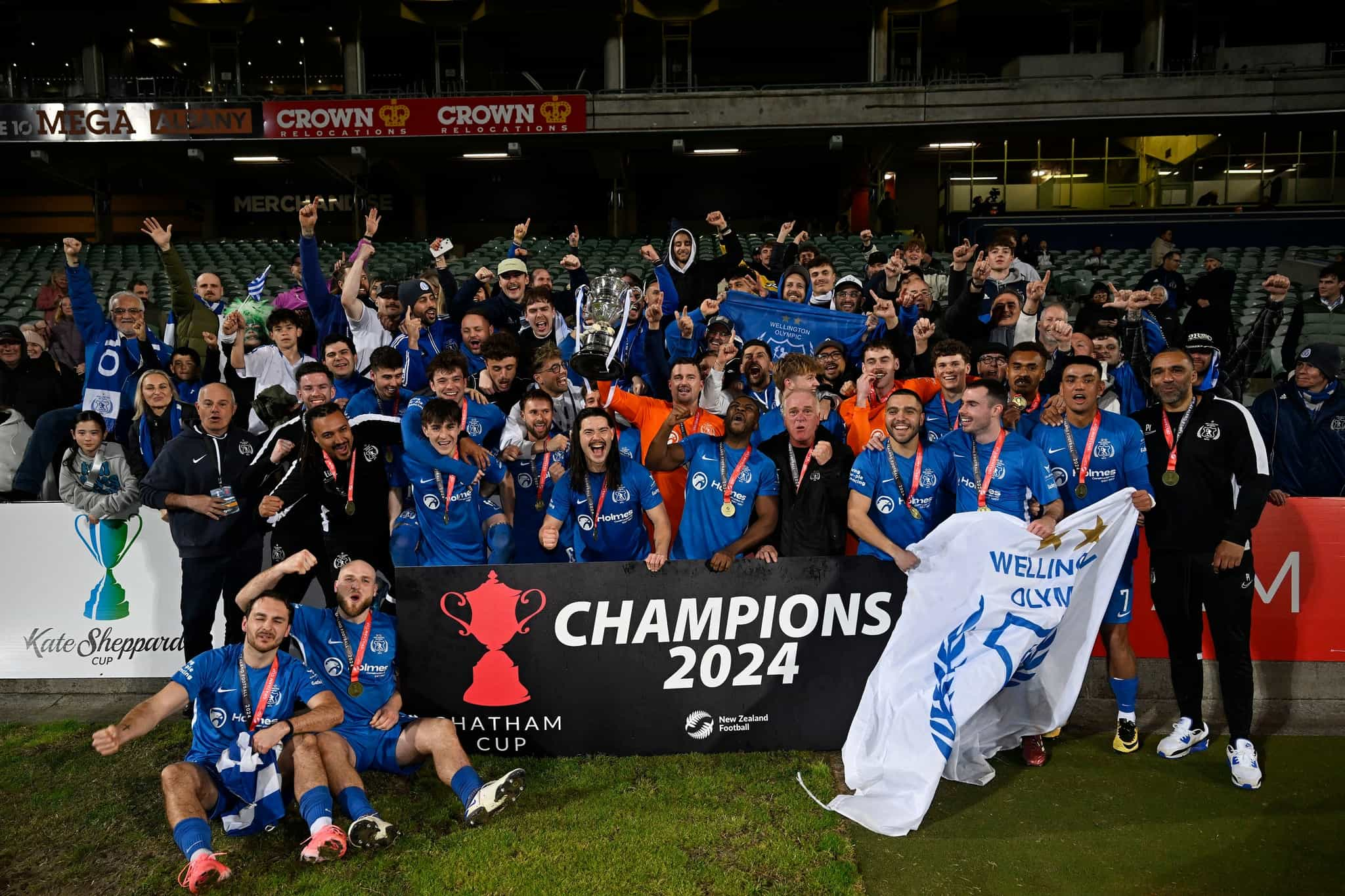 Wellington Olympic AFC celebrate victory. 
Wellington Olympic v Auckland City FC, Chatham Cup Final at North Harbour Stadium, Auckland, New Zealand on Saturday 7 September 2024. © Photo: Andrew Cornaga / Photosport