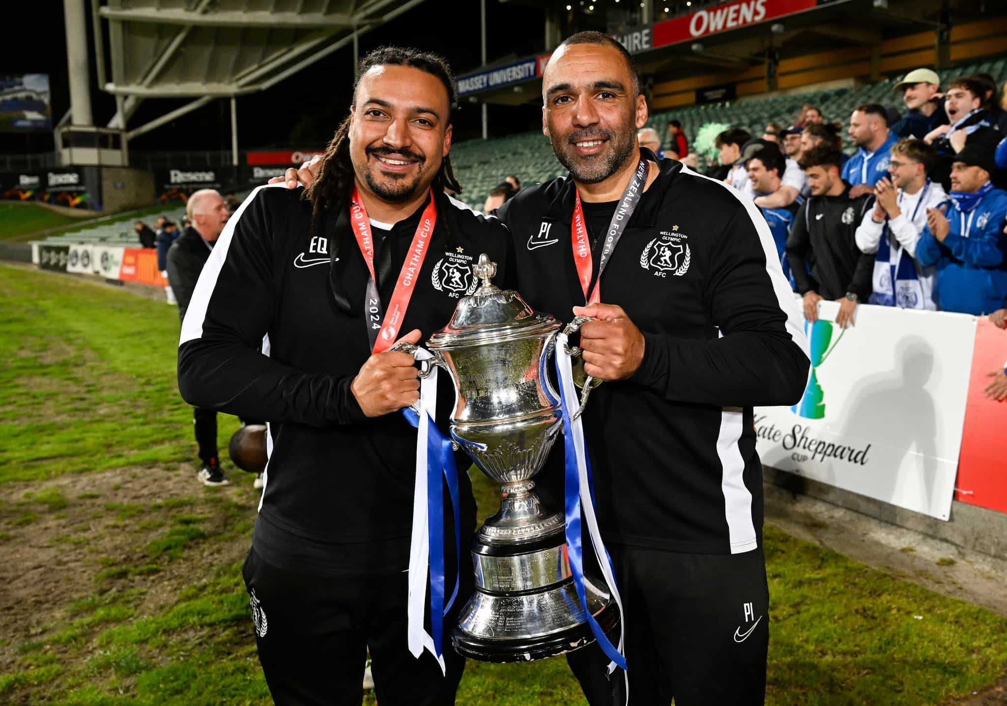 Wellington Olympic AFC coaches Ekow Quainoo and Paul Ifill.
Wellington Olympic v Auckland City FC, Chatham Cup Final at North Harbour Stadium, Auckland, New Zealand on Saturday 7 September 2024. © Photo: Andrew Cornaga / Photosport