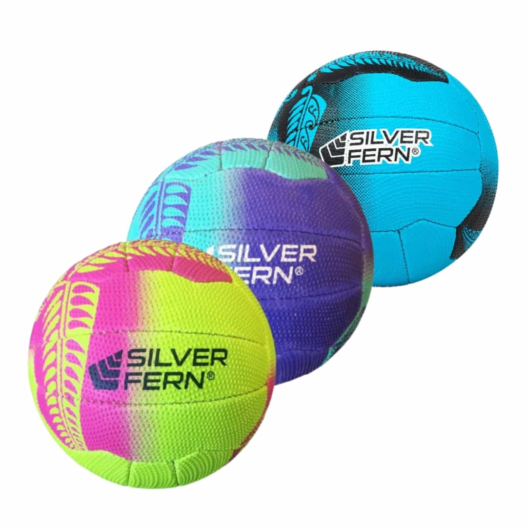 Website images - Ball - Silver Fern Tui training size 4 pinkyellow purpleblue blueblack